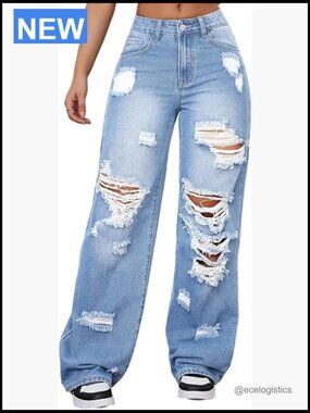 High Waisted Wide Leg Ripped Jeans Y2K Baggy Boyfriend Denim Pants